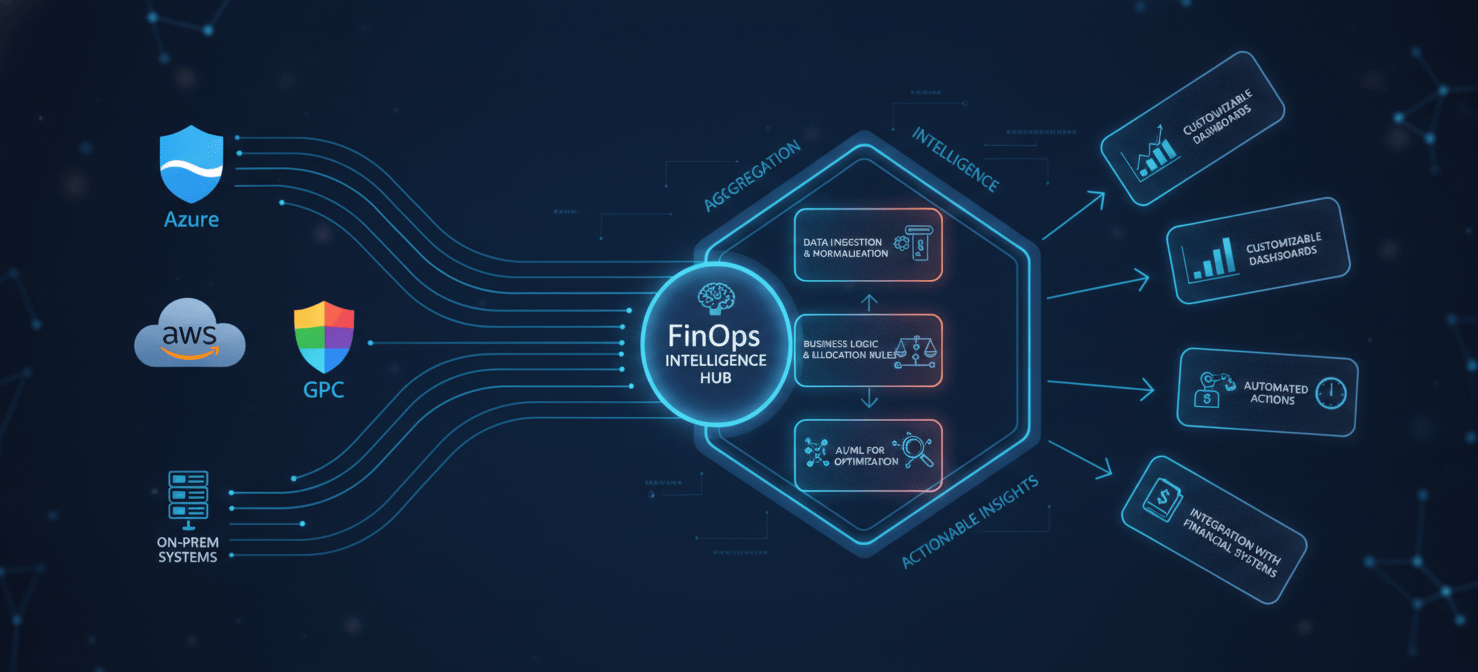 A conceptual diagram illustrating a third-party FinOps platform acting as a central intelligence hub. It depicts the aggregation of cost data from multiple cloud providers, applying business logic for enhanced allocation, and leveraging automation and AI for optimization, delivering refined insights to various stakeholders.
