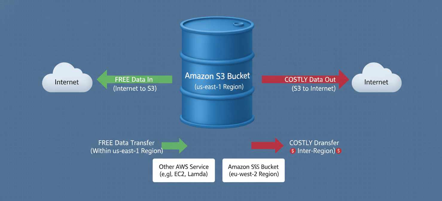 A conceptual diagram illustrating AWS S3 data transfer costs. It shows data ingress to S3 from the internet as free, while data egress to the internet is depicted as a primary cost driver. The diagram also differentiates between inter-region data transfer (costly) and intra-region data transfer to other AWS services (free).