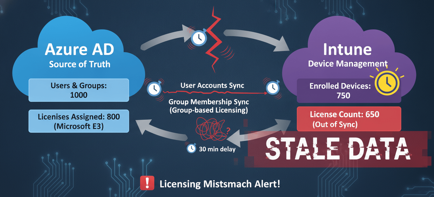A conceptual diagram illustrating common root causes of license discrepancies, showing delayed synchronization between Azure AD and Intune, leading to inaccurate license counts. It also depicts how stale user objects and complex group-based assignments can contribute to reporting errors.
