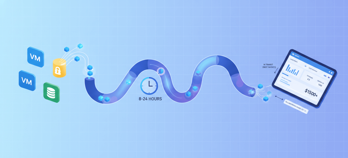 A conceptual diagram illustrating data latency in Azure cost reporting. Azure service icons emit usage data, which then flows through a pipeline with a visible delay, indicated by a clock. The data eventually reaches a cost management dashboard, but some data packets are still in transit, explaining why real-time reports may not capture all recent usage.