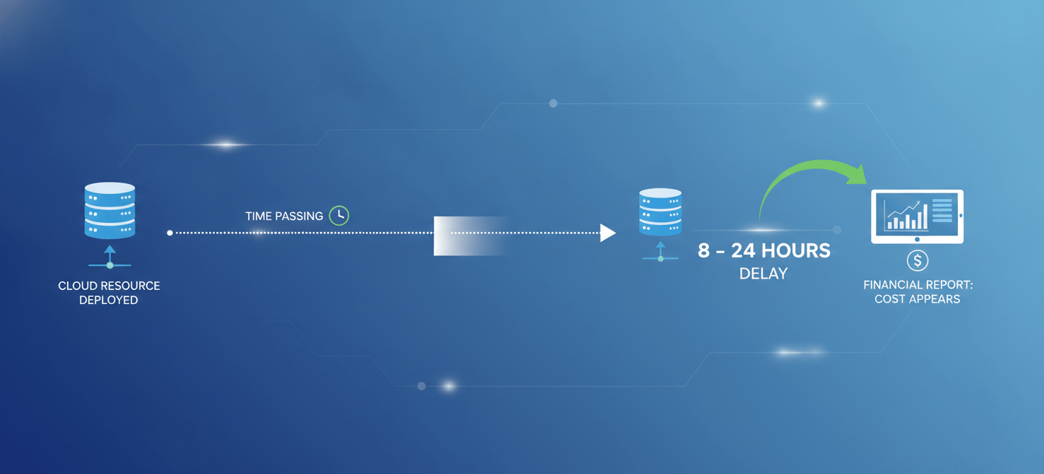 A conceptual diagram illustrating data latency in cloud cost reporting, showing a significant time delay between the deployment of a cloud resource and the appearance of its associated cost data in financial reports, often spanning 8 to 24 hours.
