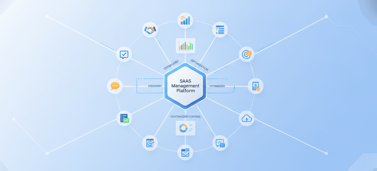 A conceptual diagram illustrating how a saas management software platform acts as a central hub, providing comprehensive discovery, spend visibility, and control over a company's entire software portfolio, transforming chaos into an optimized system.