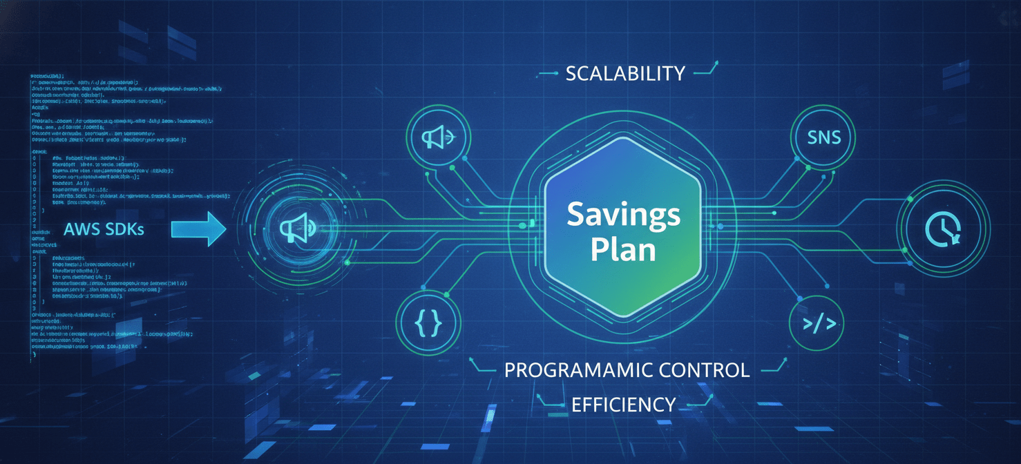 A conceptual diagram illustrating how automation tools like AWS CLI, SDKs, and EventBridge can programmatically manage AWS Savings Plans, streamlining renewals and optimizing commitments at scale.
