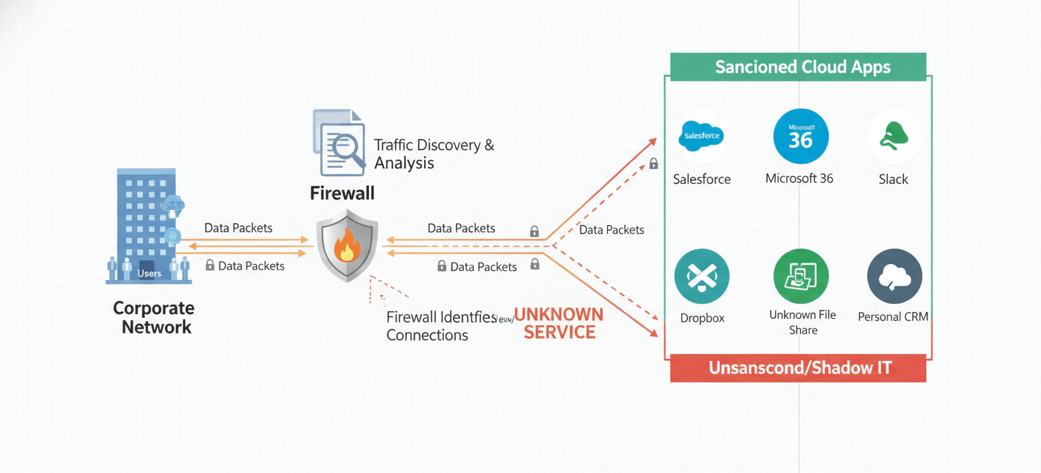 A conceptual diagram illustrating how firewalls discover unsanctioned cloud applications. Network traffic from inside a corporate network passes through a firewall, which analyzes logs to identify connections to various cloud services, distinguishing between approved and shadow IT applications.