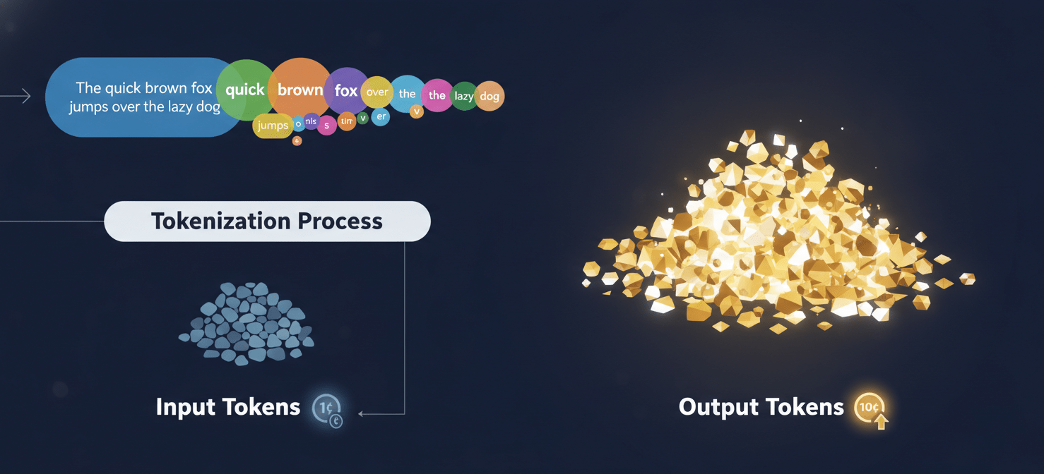 A conceptual diagram illustrating how text is tokenized by an LLM, showing a sentence broken into individual tokens. It also visually differentiates between input tokens (smaller, less expensive) and output tokens (larger, more expensive), highlighting the cost disparity.