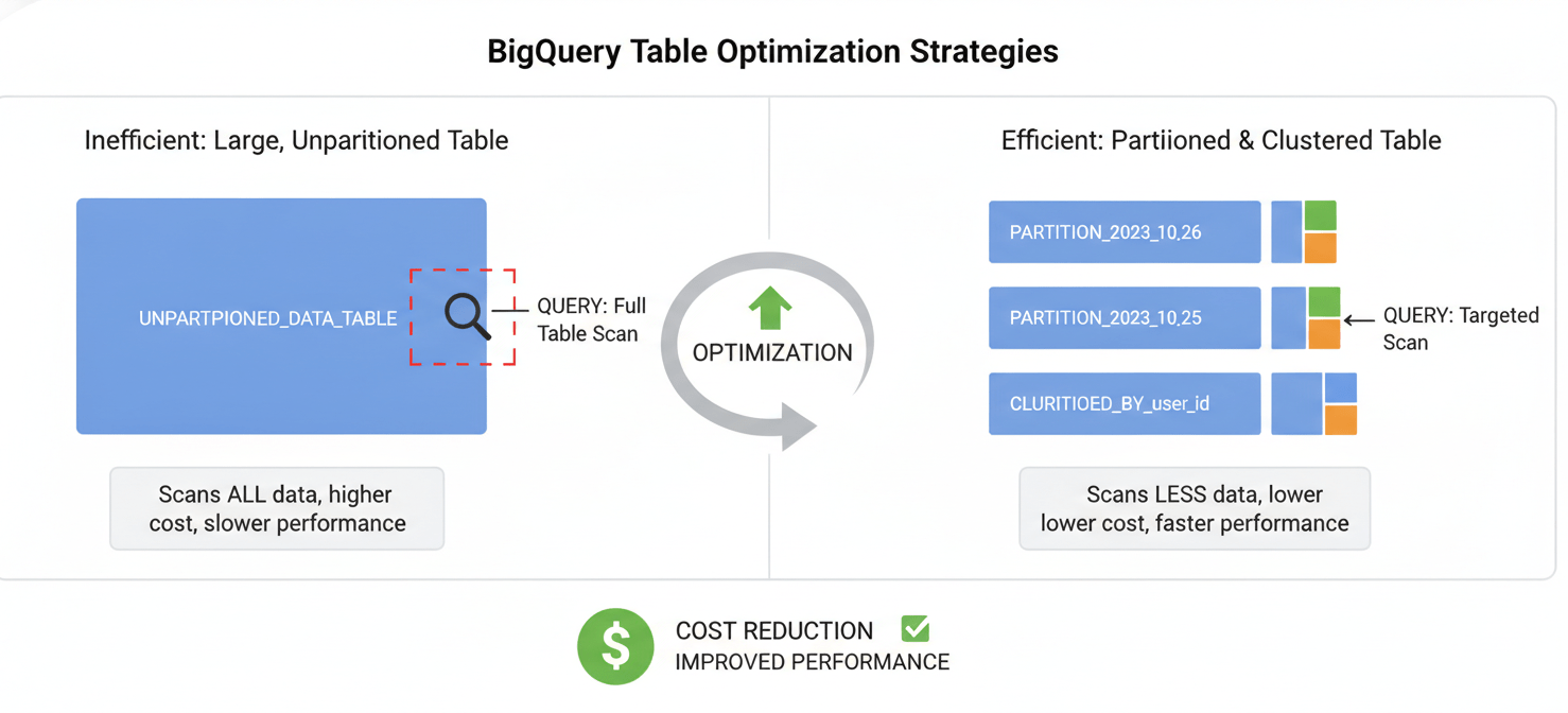 A conceptual diagram illustrating long-term BigQuery cost control strategies, specifically partitioning and clustering. It shows how these techniques organize data to reduce the amount scanned by queries, leading to significant cost savings.