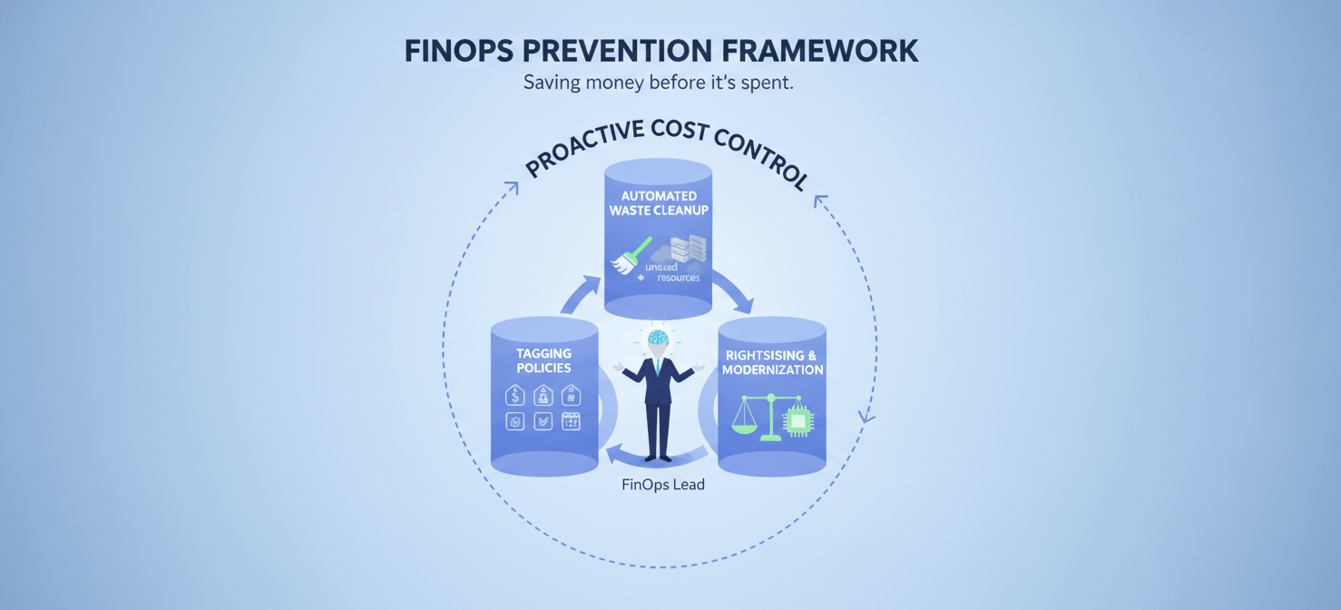 A conceptual diagram illustrating proactive AWS cost control best practices for FinOps. It features interconnected pillars representing robust tagging policies, automated waste cleanup (e.g., scheduling non-production resources), and continuous rightsizing and modernization efforts to prevent cost anomalies.