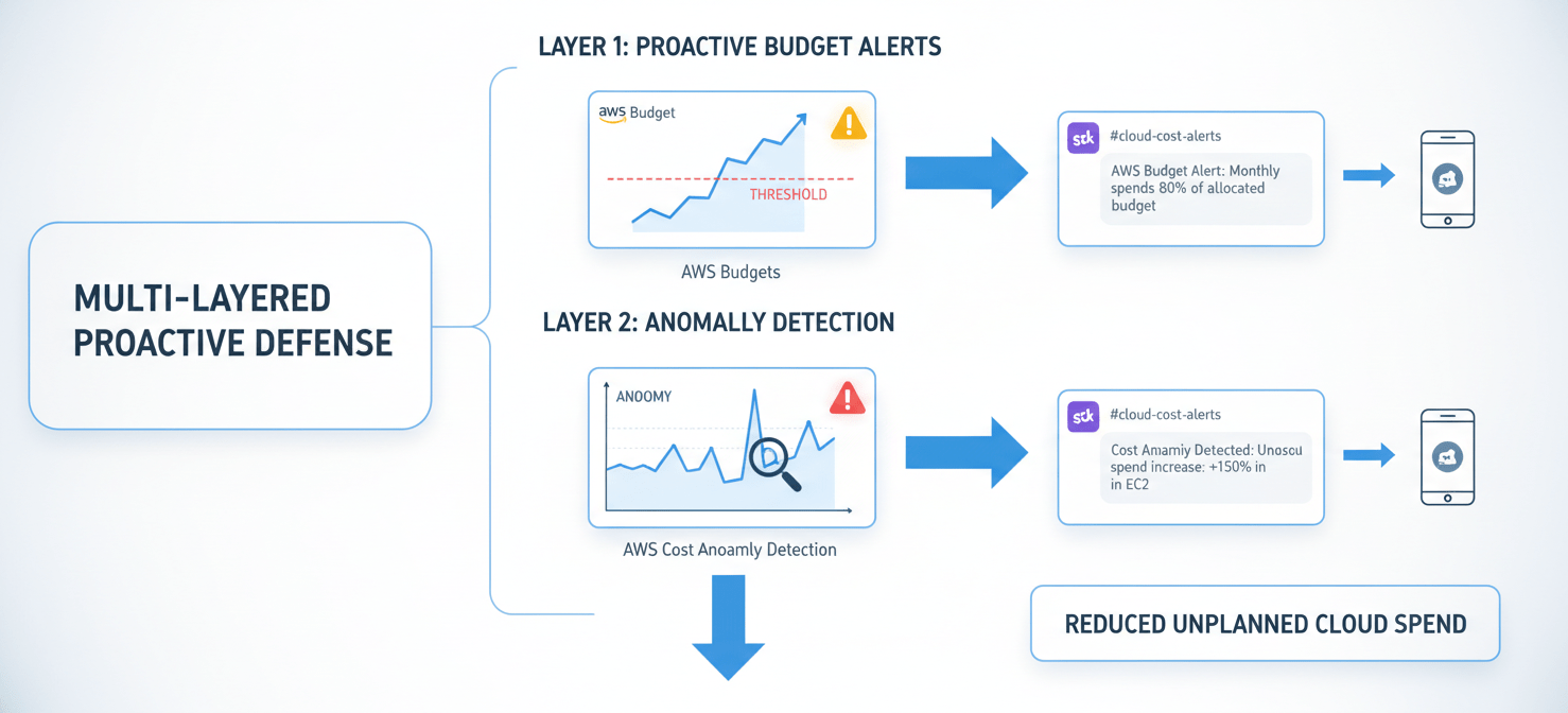 A conceptual diagram illustrating proactive AWS cost guardrails, featuring AWS Budgets with alert thresholds for planned spending and AWS Cost Anomaly Detection identifying unexpected spikes, both sending notifications directly to engineering teams for effective AWS cost governance for engineering teams.