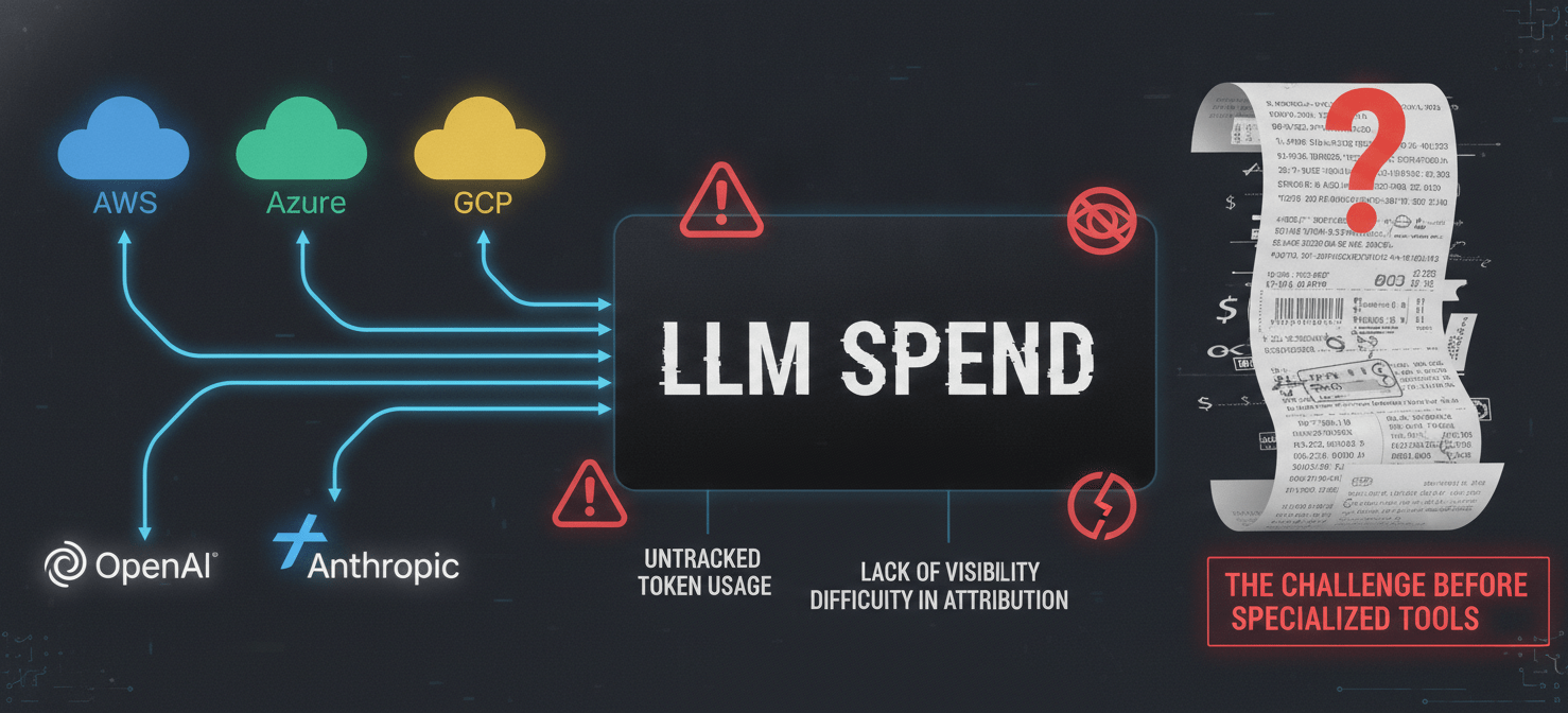 A conceptual diagram illustrating the 'black box' challenge of managing LLM costs, showing disparate cloud and API sources feeding into an opaque system that generates an uninterpretable bill, highlighting the lack of visibility and granular attribution in traditional cost management.