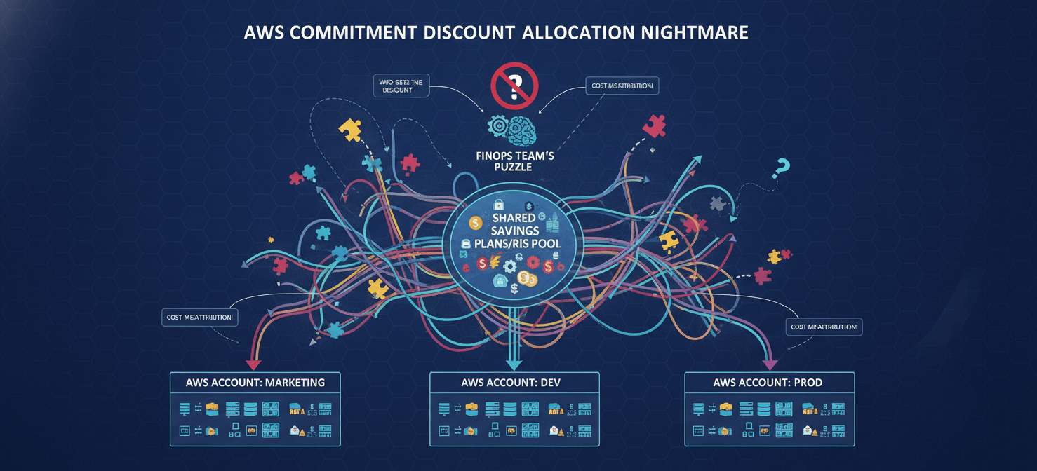 A conceptual diagram illustrating the challenge of shared AWS commitment discounts. Multiple organizational accounts are shown, with discounts from a central pool being applied unevenly, leading to misattribution and difficulties in accurate cost allocation for FinOps teams. This visual highlights the complexity that arises when implementing showback or chargeback models without specialized tools.