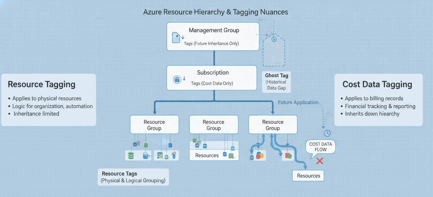 A conceptual diagram illustrating the challenges with tag inheritance for cost allocation in Azure, showing how tags might apply to cost data but not physically to resources, and the non-retroactive nature of inheritance, leaving historical data untagged.