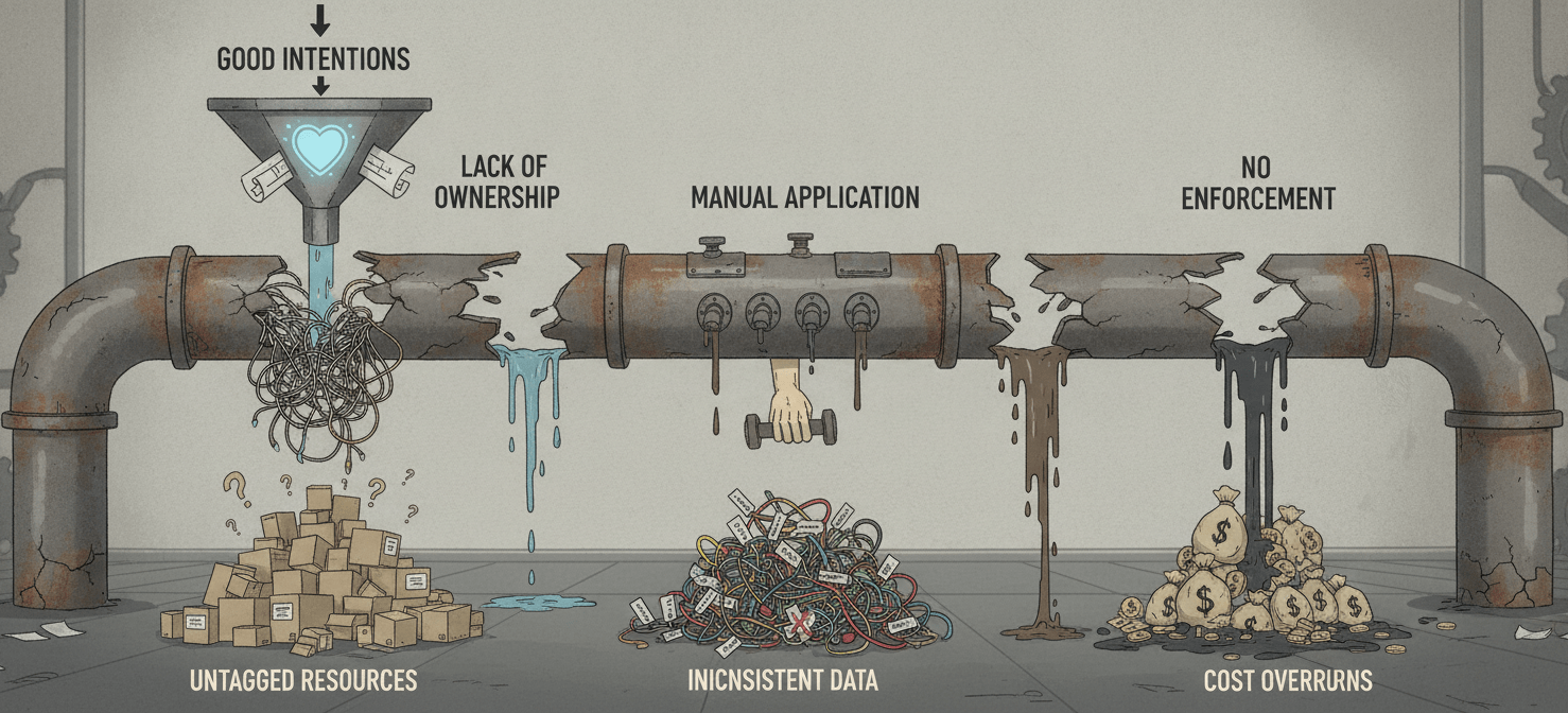 A conceptual diagram illustrating the common pitfalls leading to failed cloud tagging strategies. The graphic depicts a series of broken steps: initial good intentions lead to a lack of central ownership, followed by reliance on manual application, and ultimately, a complete absence of automated enforcement. This breakdown results in critical outcomes such as untagged resources, inconsistent data, and significant cost overruns, highlighting the systemic issues that undermine effective cloud governance in enterprise environments.