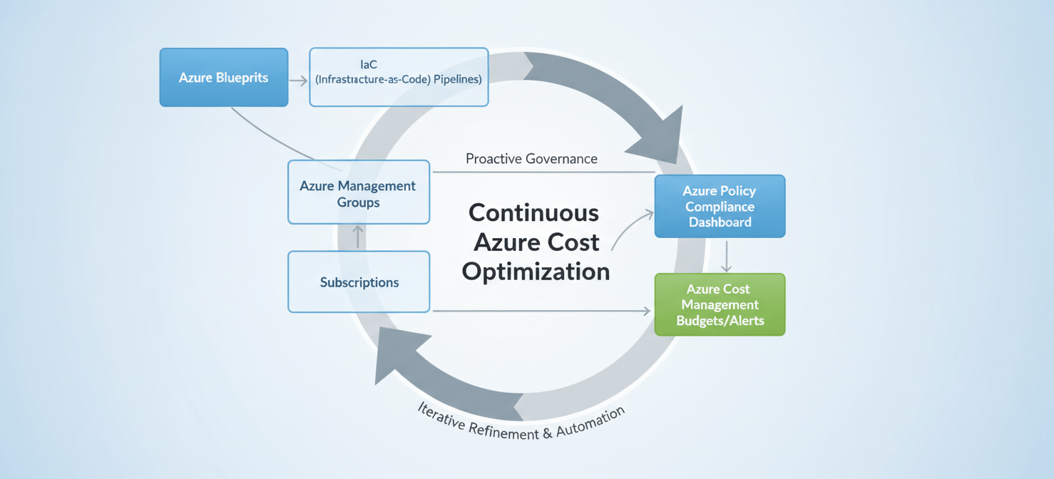 A conceptual diagram illustrating the continuous process of Azure cost optimization, showing how Azure Blueprints and Infrastructure as Code automate governance, with ongoing monitoring via Azure Policy compliance dashboards and Cost Management alerts feeding back into refinement for proactive cost control.