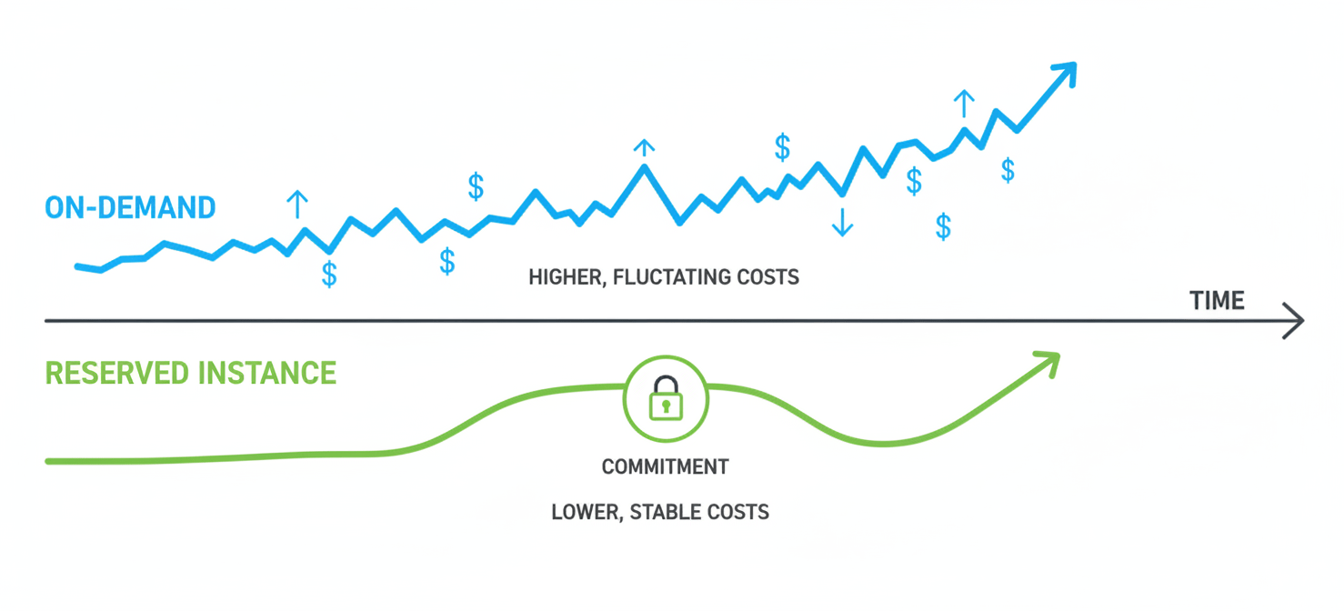 A conceptual diagram illustrating the core concept of AWS Reserved Instances, contrasting the higher, variable costs of On-Demand usage with the lower, predictable costs achieved through a long-term commitment.