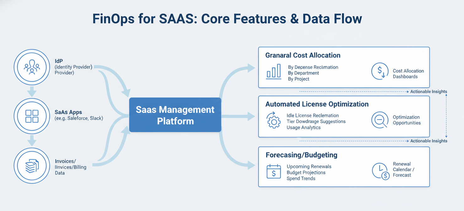 A conceptual diagram illustrating the core FinOps features of a saas management platform: granular cost allocation, automated license optimization, and accurate forecasting. It shows how data from various sources is processed to provide actionable insights for managing SaaS spend effectively.
