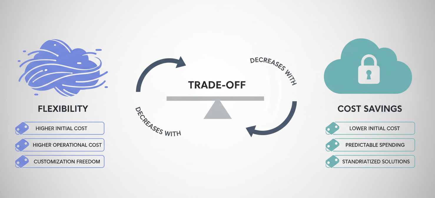 A conceptual diagram illustrating the core trade-off in cloud resource management: high flexibility with higher costs versus significant cost savings with reduced flexibility, particularly relevant when considering AWS Reserved Instances for predictable workloads.