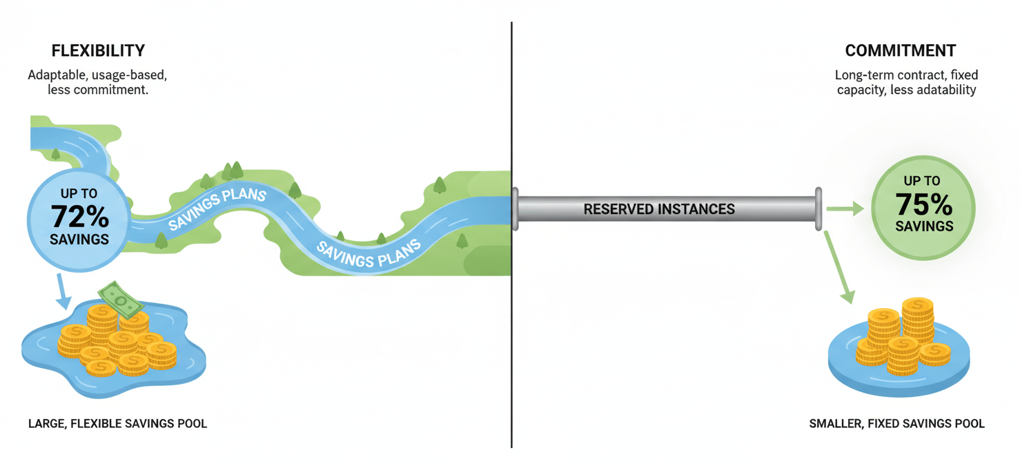 A conceptual diagram illustrating the differences between AWS Savings Plans and Reserved Instances, emphasizing the flexibility of Savings Plans for dynamic workloads versus the fixed commitment of RIs for stable usage, both offering significant discounts.