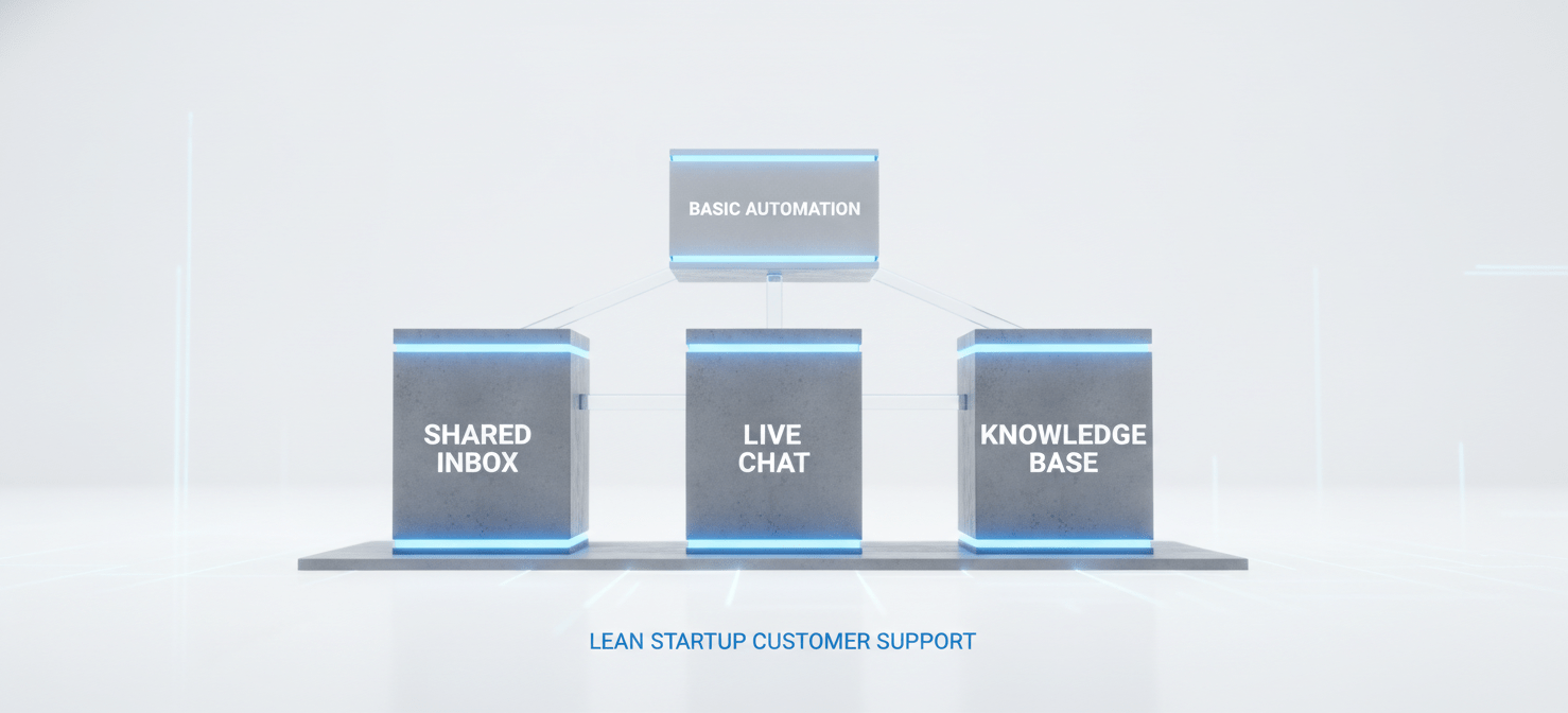 A conceptual diagram illustrating the essential features for a cost-effective customer support tool: a shared inbox, live chat, and a knowledge base, with basic automation as a supporting element, crucial for lean startup teams.