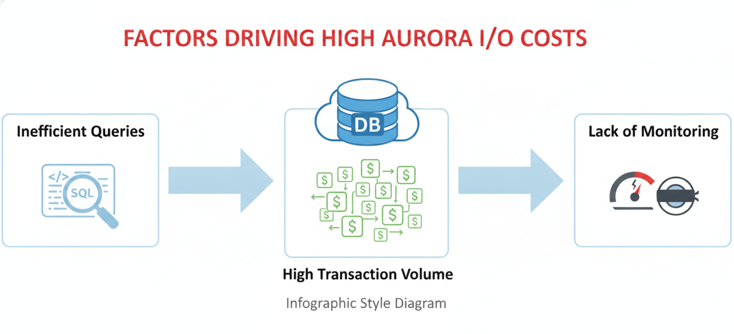 A conceptual diagram illustrating the primary drivers of high I/O costs in Amazon Aurora, including inefficient SQL queries, high transaction volumes from application workloads, and the absence of proactive monitoring for database performance.
