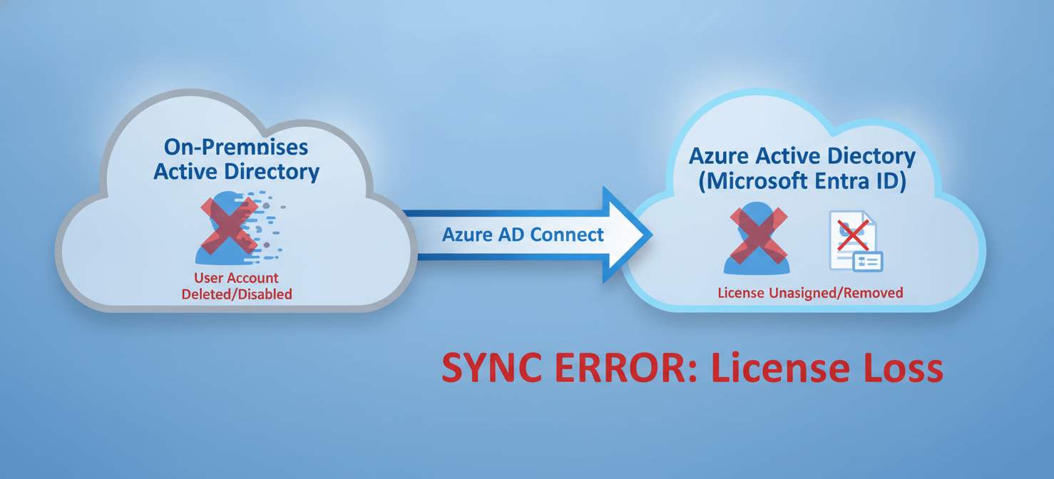 A conceptual diagram illustrating the synchronization process between On-Premises Active Directory and Azure Active Directory via Azure AD Connect. The diagram shows a user object being deleted or moved on-premises, leading to its corresponding deletion and license unassignment in Azure AD, symbolizing a directory synchronization error.