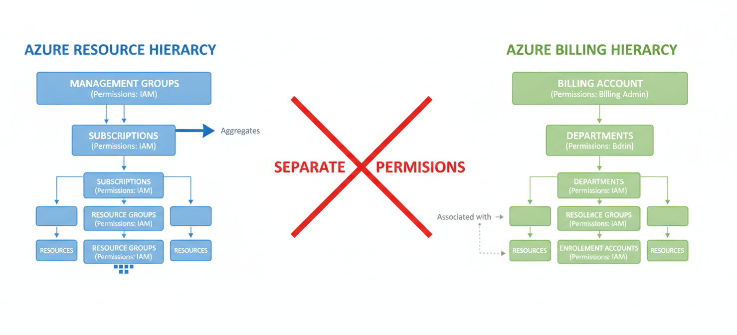 A conceptual diagram illustrating the two distinct hierarchies in Azure: the Resource Hierarchy, showing Management Groups containing Subscriptions and Resource Groups, and the Billing Hierarchy, showing Billing Accounts containing Departments and Enrollment Accounts. Arrows indicate how management groups aggregate costs from nested subscriptions, highlighting the separate permission models for each structure.
