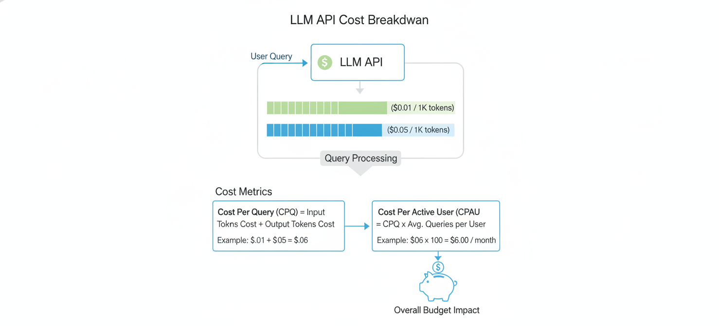 A conceptual diagram illustrating the unit economics of an AI feature, breaking down the Cost Per Query (CPQ) into input and output token costs. It shows how these individual costs aggregate to form the Cost Per Active User (CPAU), providing a clear financial metric for founders and CTOs to understand the ongoing operational expenses of their LLM-powered applications.