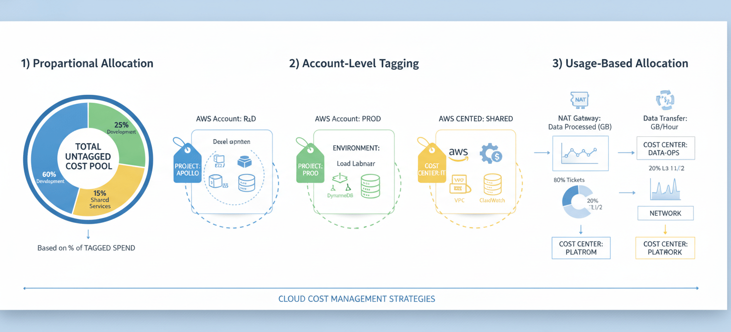 A conceptual diagram illustrating three strategies for allocating untaggable AWS resource costs: proportional allocation based on overall spend, account-level tagging within AWS Organizations, and usage-based allocation for shared services like NAT Gateways and data transfer.