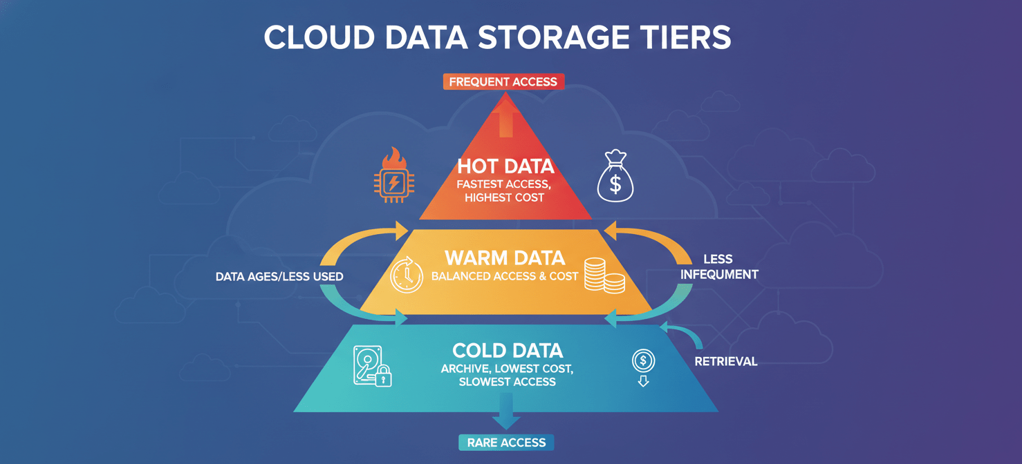 A conceptual diagram illustrating various Amazon S3 storage classes as a tiered system, from frequently accessed 'hot' data at the top to rarely accessed 'cold' archive data at the bottom, emphasizing the balance between access speed, durability, and cost for different data lifecycles.