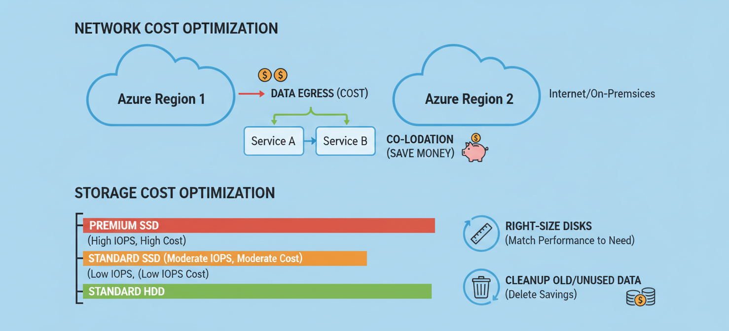 A conceptual diagram outlining strategies for optimizing network traffic and storage costs in Azure, including minimizing data egress, co-locating services, and selecting appropriate storage tiers like Premium SSDs, Standard SSDs, and HDDs.