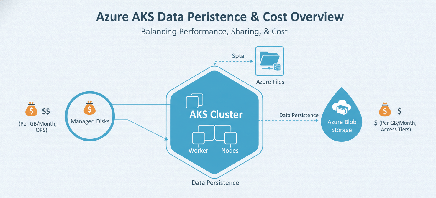 A conceptual diagram showcasing various Azure storage options for AKS, including Managed Disks, Azure Files, and Azure Blob Storage, illustrating how each service provides persistent data solutions with different pricing models.