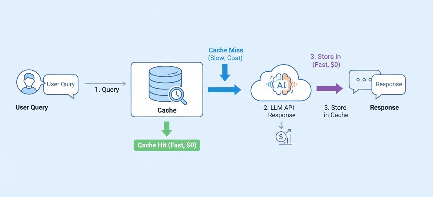 A conceptual diagram showing how a caching strategy works for Large Language Models. Queries first check a cache; if a match is found, a stored response is returned instantly, avoiding an API call. If not, the query goes to the LLM, and its response is then saved in the cache for future reuse, reducing redundant computations and costs.