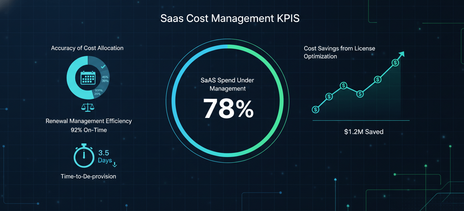 A conceptual FinOps dashboard displaying key performance indicators (KPIs) for measuring the success of SaaS cost management. Metrics include SaaS spend under management, cost savings from license optimization, renewal management efficiency, accuracy of cost allocation, and time-to-de-provision, providing a clear view of financial transparency and operational efficiency.