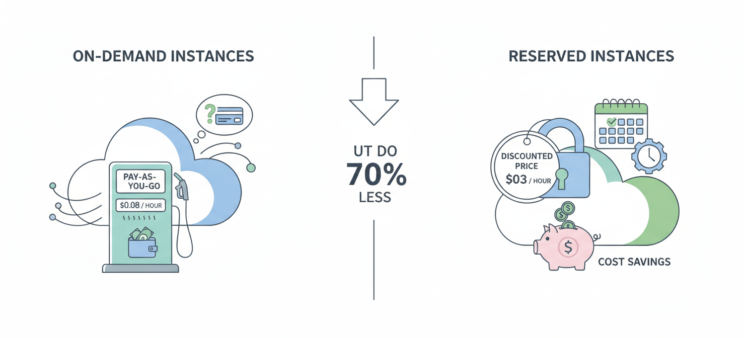 A conceptual illustration comparing On-Demand and Reserved Instance pricing models for cloud services. On-Demand is depicted as flexible and metered, while Reserved Instances show significant cost savings for a committed term, highlighting the financial benefits of long-term planning.