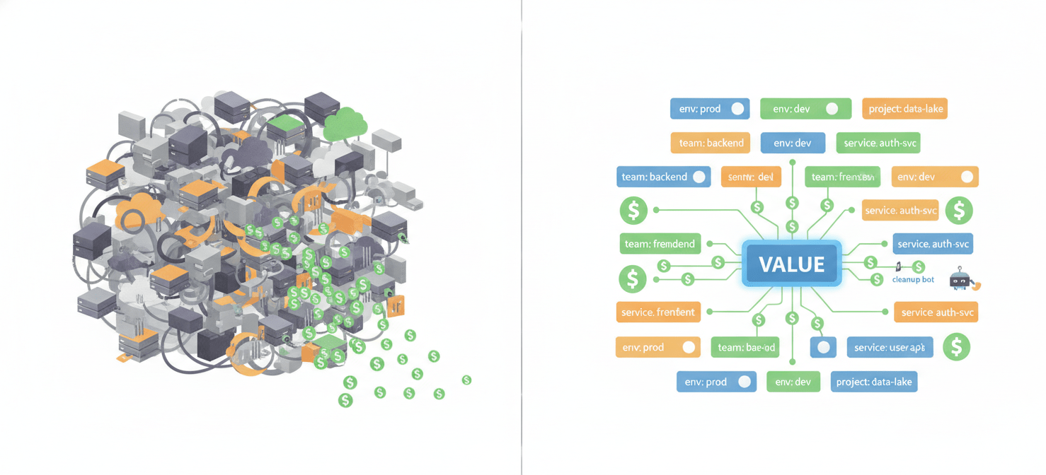 A conceptual illustration contrasting disorganized, untagged cloud resources leading to waste with a meticulously labeled and automated cleanup system, emphasizing the importance of resource tagging and automated cleanup for GCP cost control for startups and preventing silent waste.