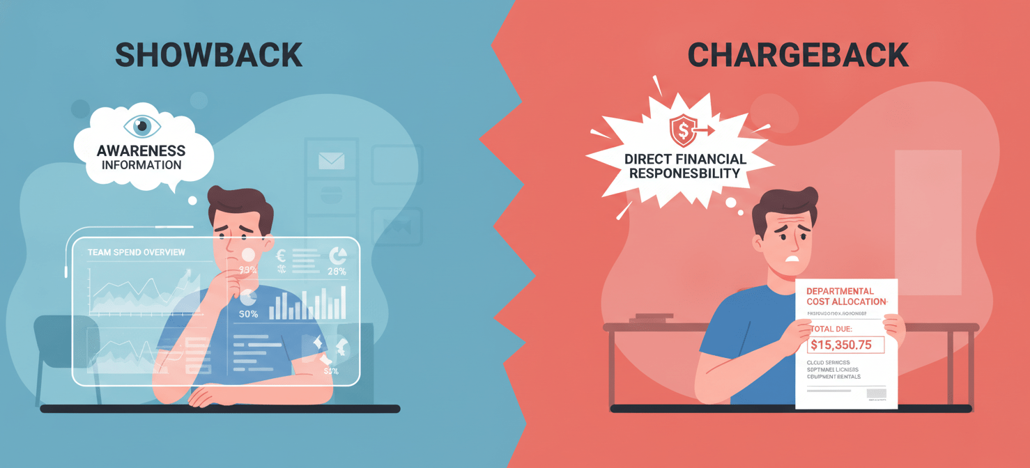 A conceptual illustration contrasting 'Showback' and 'Chargeback' models for Kubernetes cost accountability. One side shows a team viewing their costs for informational awareness, while the other depicts direct financial responsibility through billing, illustrating different levels of ownership.