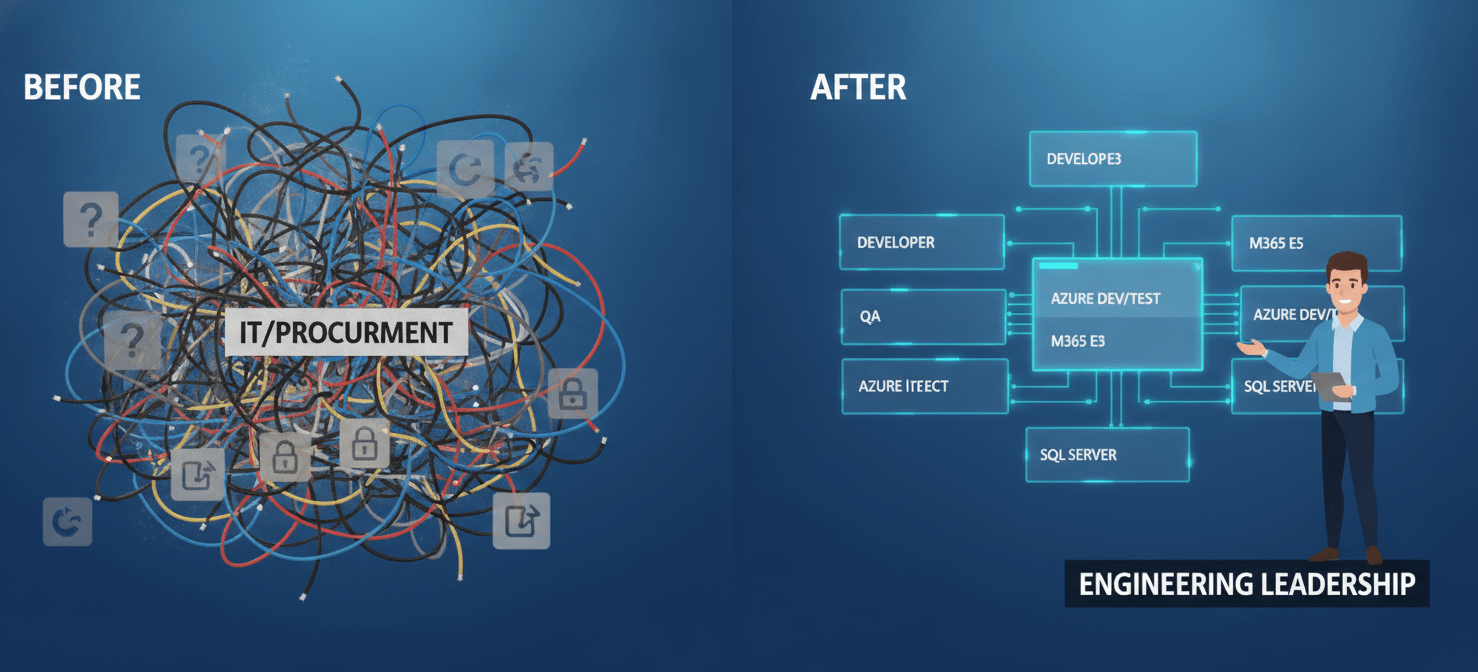 A conceptual illustration contrasting traditional, chaotic license management by IT with a streamlined, context-driven approach led by an engineering manager. The 'before' side shows disorganization, while the 'after' side depicts clear role-based license allocation, emphasizing the benefits of engineering ownership for better governance and efficiency.