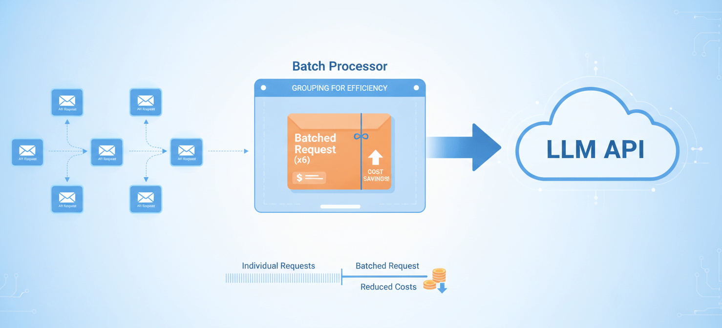 A conceptual illustration demonstrating API request batching. Multiple individual API calls are shown being consolidated into a single, larger request package before being sent to the LLM provider. This visual explains how grouping non-urgent tasks can lead to significant cost discounts and improved efficiency.