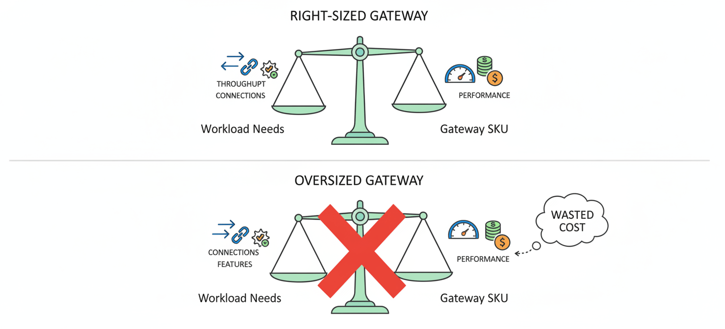 A conceptual illustration demonstrating the principle of Azure gateway cost optimization through right-sizing. It depicts a balanced scale where 'Workload Needs' (throughput, connections, features) perfectly match the 'Gateway SKU' (performance, cost), contrasting with an imbalanced, oversized gateway representing wasted resources and unnecessary expenditure.