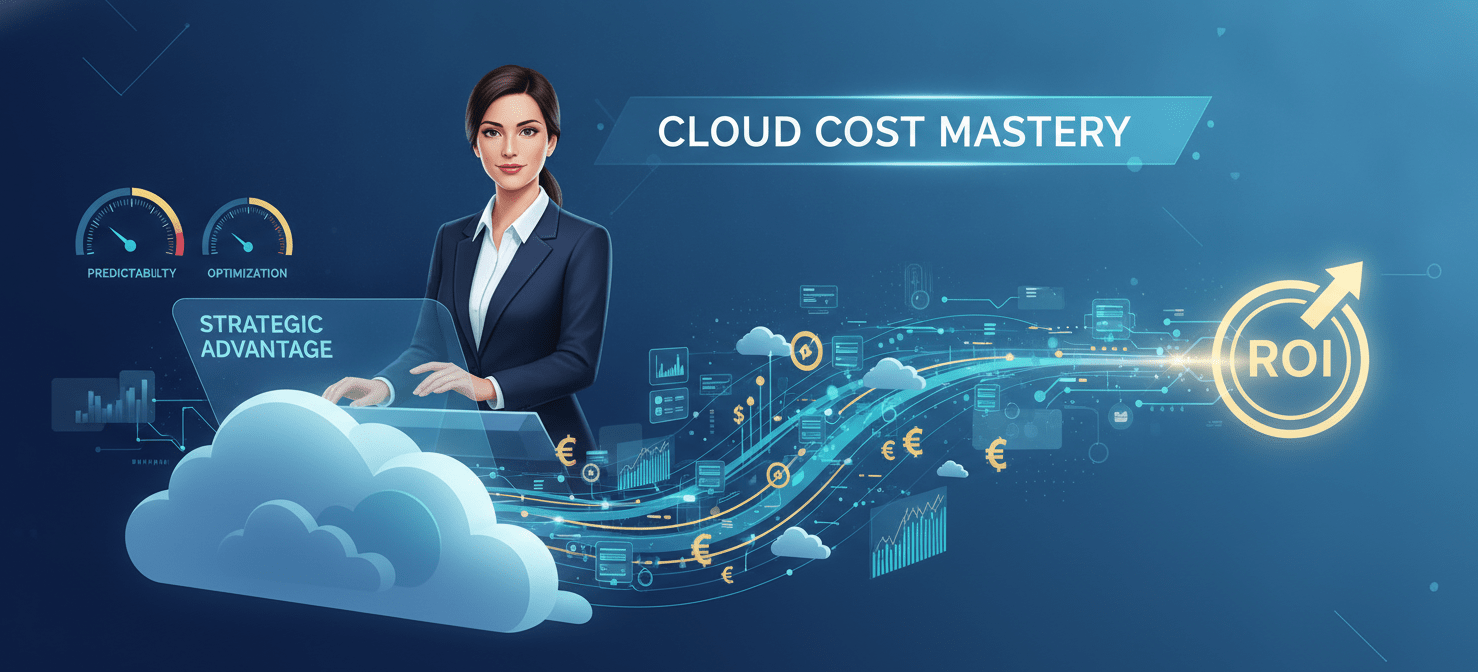 A conceptual illustration depicting a finance leader confidently overseeing a streamlined cloud financial landscape, symbolizing strategic control and optimized AWS spending. The visual represents the successful transformation of volatile cloud expenses into predictable, managed investments, achieving significant ROI through robust financial modeling and strategic planning.