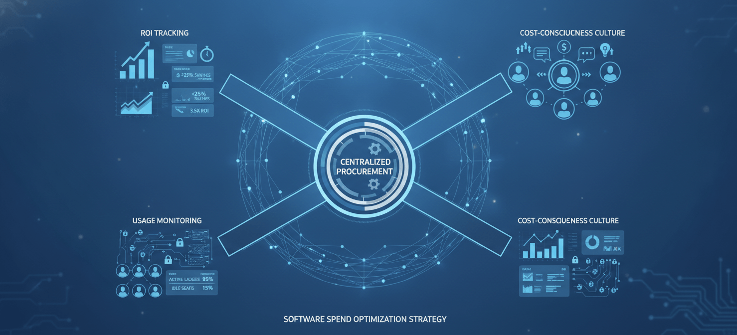 A conceptual illustration depicting a resilient, multi-layered software spend strategy. At its core is a centralized procurement hub, radiating out to key components like robust ROI tracking, continuous usage monitoring, and a fostered culture of cost-consciousness across the organization. This holistic approach to software budget forecasting ensures visibility, accountability, and control over technology investments, adapting to market changes effectively.