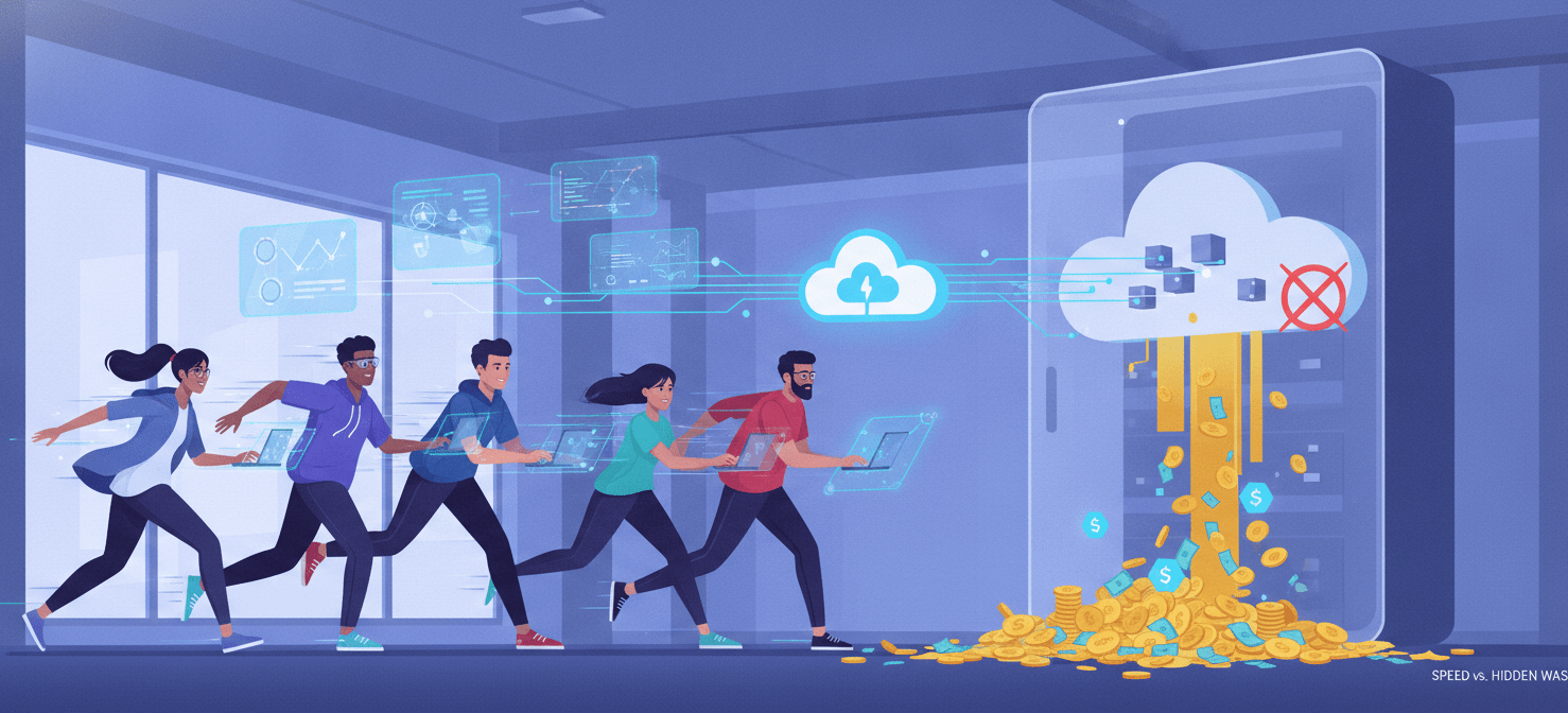 A conceptual illustration depicting a startup team rapidly deploying cloud resources, inadvertently leaving behind an oversized, underutilized server instance that is visibly leaking money, symbolizing the common pitfall of overprovisioning due to accepting default cloud configurations without optimization.