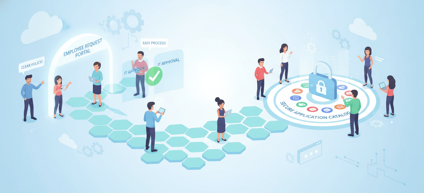 A conceptual illustration depicting a streamlined and secure process for SaaS application management. The image shows a clear, well-defined workflow starting with an employee submitting a request through a user-friendly portal. This request then moves through an efficient IT approval process, leading to the application being added to a secure, approved catalog. The scene emphasizes collaboration between employees and IT, highlighting clear policies and an easy request process to prevent future shadow IT.