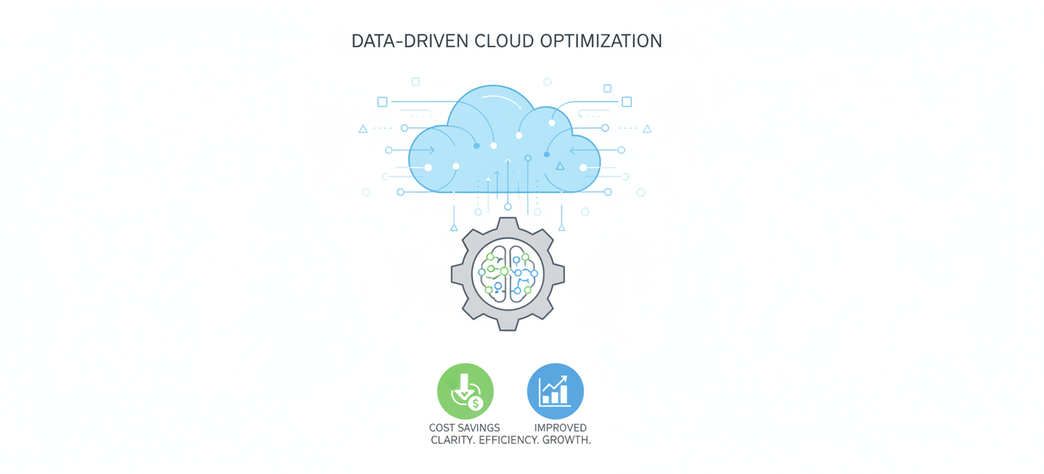A conceptual illustration depicting data flowing from cloud resources into an optimization engine, leading to improved cost efficiency and performance. It visually summarizes the article's conclusion on the importance of using CloudWatch metrics for making informed, data-driven decisions in EC2 rightsizing.