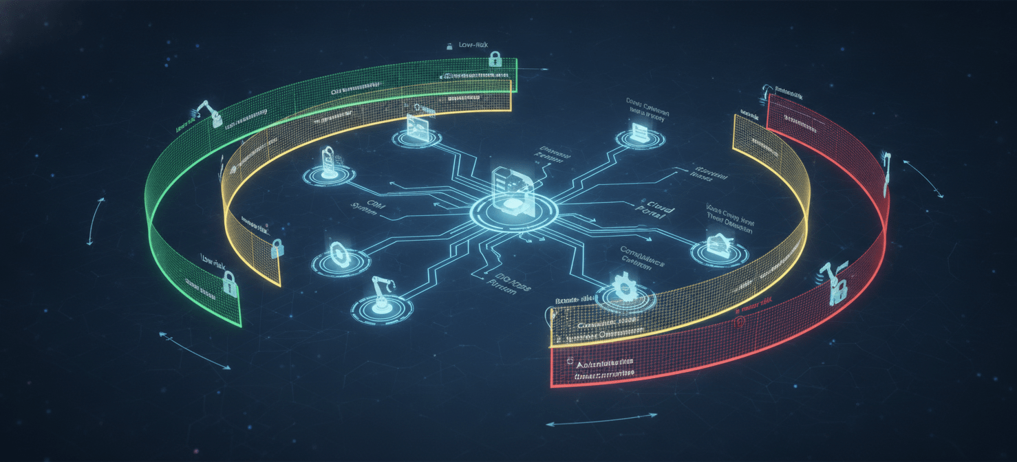 A conceptual illustration depicting digital guardrails and policies guiding and securing application access and data flows within an enterprise. Different colored guardrails represent tiered policies for varying risk levels, with labels like 'SSO Integration' and 'Compliance Checks', symbolizing automated enforcement of a shadow it governance framework.
