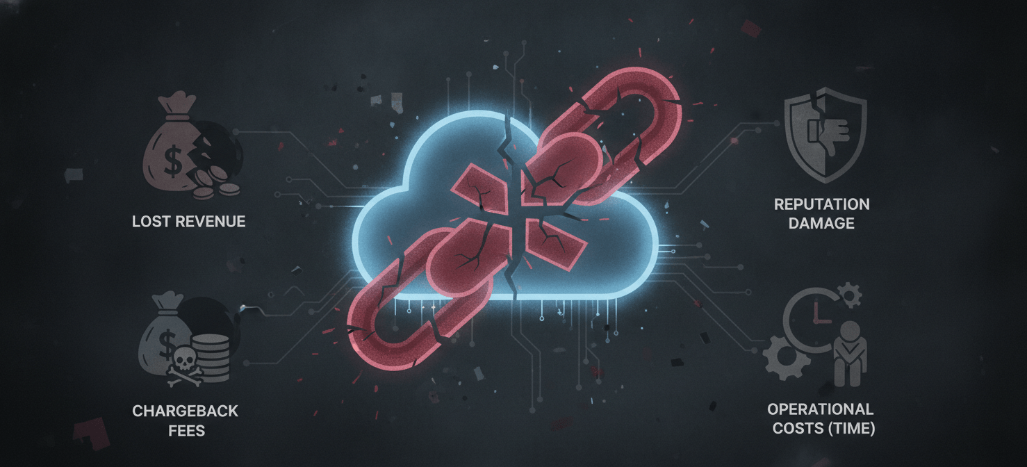 A conceptual illustration depicting the detrimental effects of chargebacks on a SaaS business, showing a broken subscription model surrounded by symbols of lost revenue, additional fees, wasted operational time, and damage to reputation.