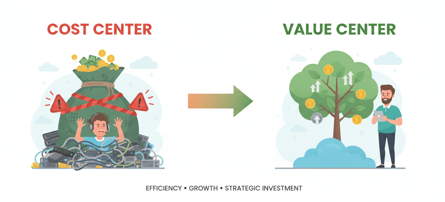 A conceptual illustration depicting the transformation from a 'Cost Center' to a 'Value Center' in cloud spending. The left side shows chaotic, unmanaged expenses, while the right side illustrates strategic, optimized investments leading to growth and value creation, reflecting a FinOps mindset.