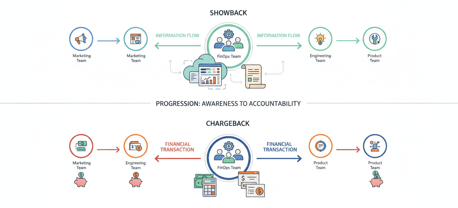 A conceptual illustration differentiating showback and chargeback models in FinOps. Showback depicts a central team providing cost reports to departments for awareness, while Chargeback illustrates direct financial transfers or billing to departments, fostering direct accountability for cloud resource consumption.