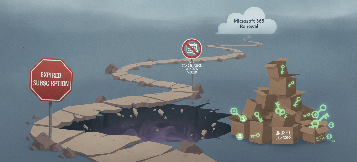 A conceptual illustration highlighting common pitfalls in Microsoft 365 license renewal, including the risks of an expired subscription, missing the NCE cancellation window, and renewing licenses for inactive or unnecessary user accounts.