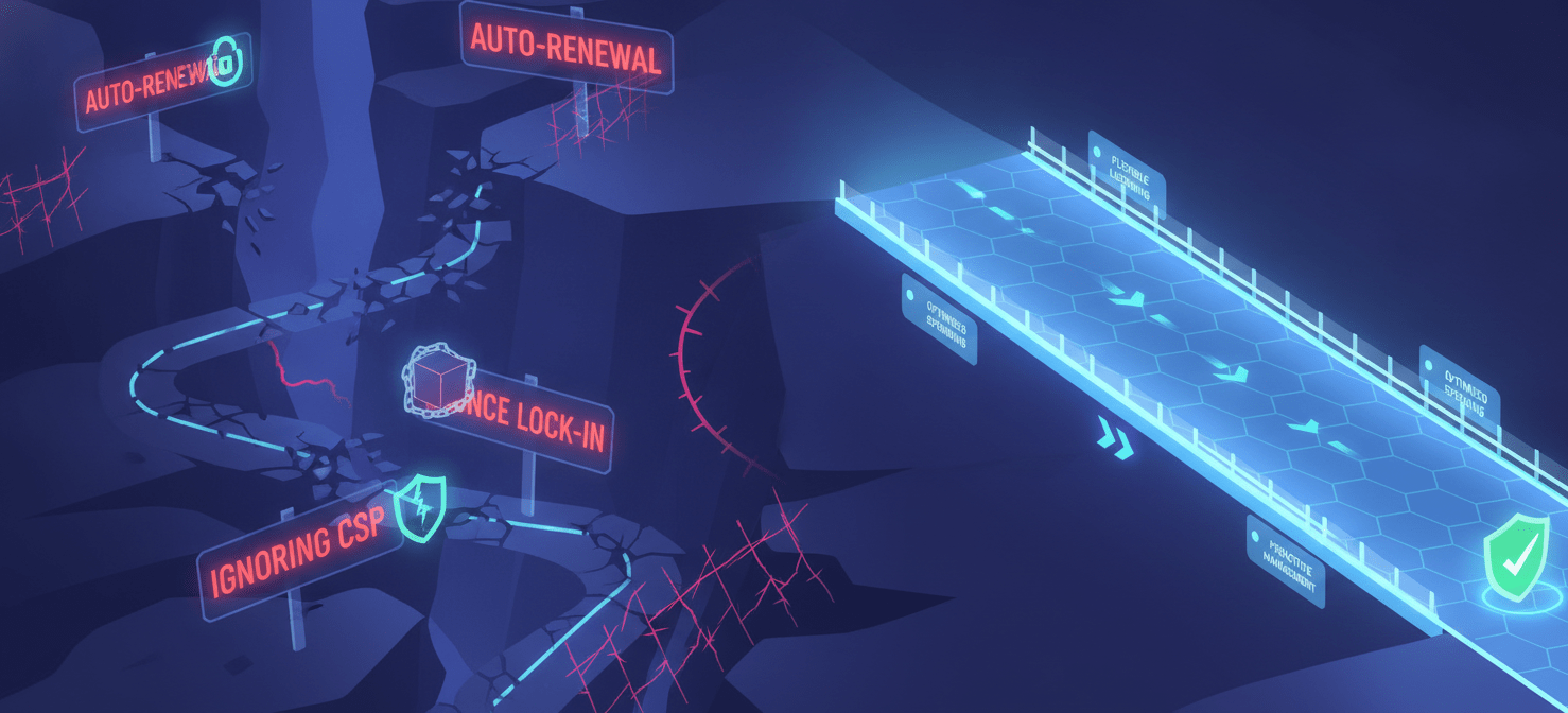 A conceptual illustration highlighting common pitfalls in software license management. It shows warning signs and obstacles labeled 'Auto-Renewal Trap,' 'NCE Lock-in,' and 'Ignoring CSP Options,' representing mistakes organizations often make. The image emphasizes the importance of understanding cancellation policies, exploring different agreement types, and avoiding passive renewals to prevent unnecessary costs.