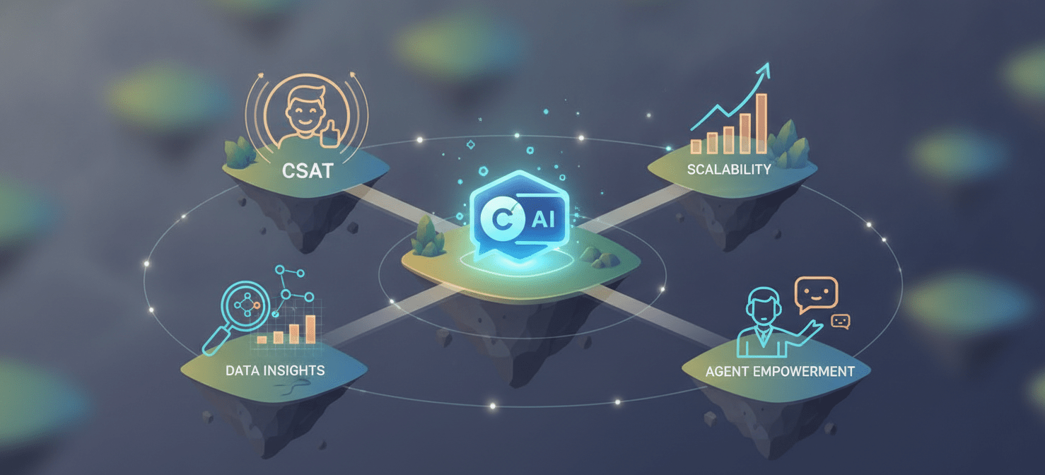 A conceptual illustration highlighting the strategic and operational benefits of AI chatbots, including enhanced customer satisfaction, improved data analytics, scalability for business continuity, and empowered human agents focusing on complex tasks.